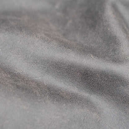 'ol Bobber' | Classic Leather Motorbike Jacket in Distressed Charcoal Brown close up of full leather grain