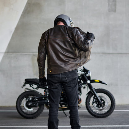 'ol Bobber' | Classic Leather Motorbike Jacket | Distressed Charcoal Brown Full Grain Leather