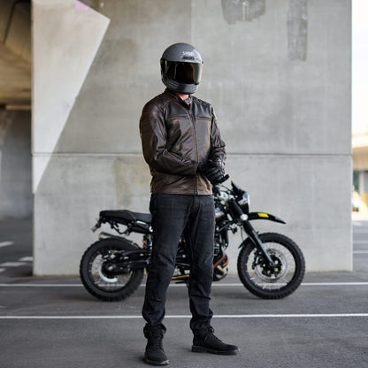 'ol Bobber' | Classic Leather Motorbike Jacket | Distressed Charcoal Brown Full Grain Leather