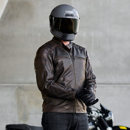 'ol Bobber' | Classic Leather Motorbike Jacket | Distressed Charcoal Brown Full Grain Leather