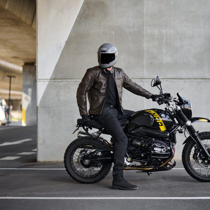 'ol Bobber' | Classic Leather Motorbike Jacket | Distressed Charcoal Brown Full Grain Leather